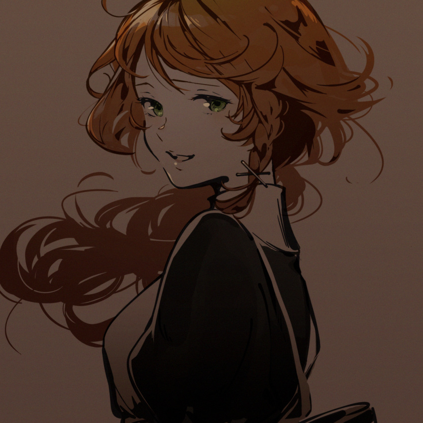 1girl awarin braid brown_background brown_hair emma_(yakusoku_no_neverland) floating_hair from_side green_eyes highres long_hair looking_at_viewer older open_mouth single_braid solo upper_body yakusoku_no_neverland