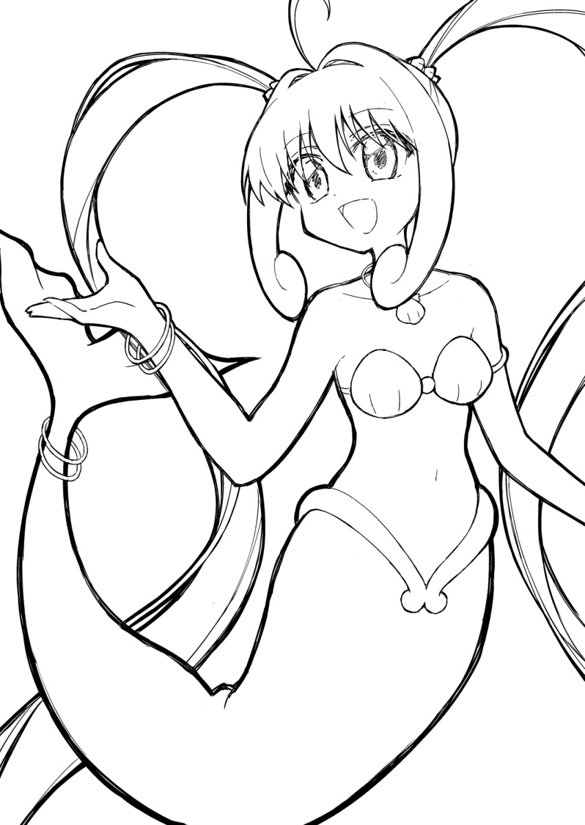 1girl ahoge ataru_(ataru-littlebird) bracelet commentary_request fish_tail highres jewelry lineart long_hair mermaid mermaid_melody_pichi_pichi_pitch monochrome monster_girl nanami_lucia open_mouth shell shell_bikini shell_necklace sidelocks smile solo tail twintails