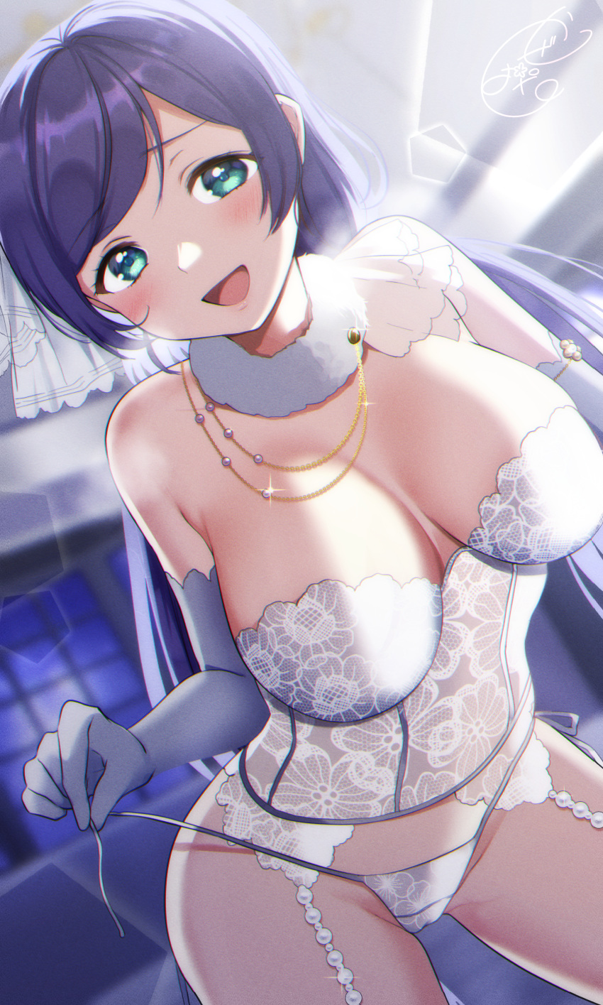 1girl absurdres bangs bare_shoulders breasts brooch cameltoe cleavage corset couch elbow_gloves fur_collar garter_straps gloves highres indoors jewelry kazepana lace lace_panties large_breasts light_particles lingerie long_hair love_live! love_live!_school_idol_project low_twintails night panties pearl purple_hair side-tie_panties signature string_panties toujou_nozomi twintails underwear untied untied_panties white_gloves white_panties window
