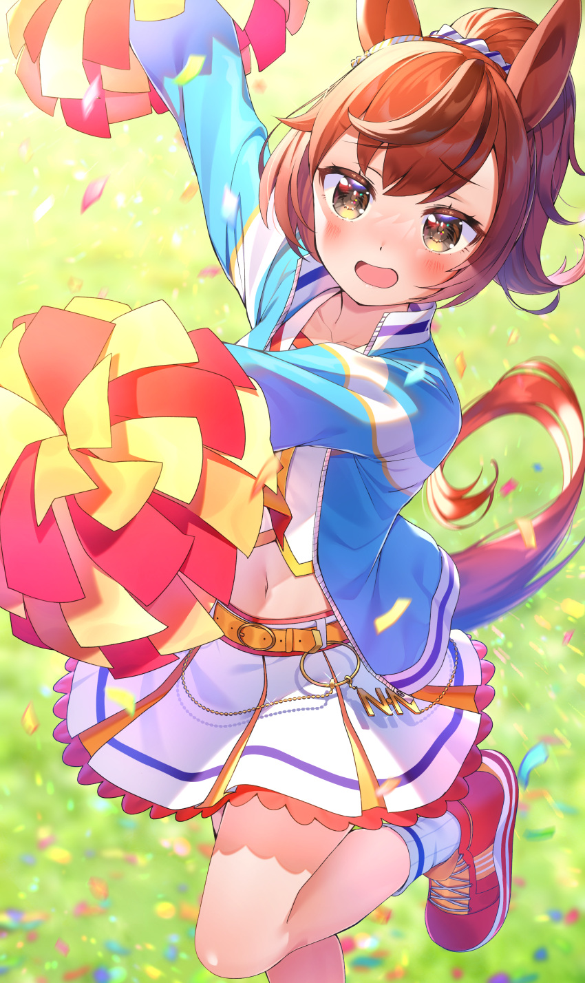 1girl :d absurdres animal_ears arm_up belt blush brown_hair cheerleader confetti crop_top ear_ornament grass highres holding holding_pom_poms horse_ears horse_girl horse_tail jacket looking_at_viewer medium_hair midriff navel nice_nature_(run&amp;win)_(umamusume) nice_nature_(umamusume) o-ring official_alternate_costume open_mouth outstretched_arms pleated_skirt pom_pom_(cheerleading) ponytail scrunchie shoes skirt smile sneakers socks solo standing standing_on_one_leg tail track_jacket umamusume yellow_eyes yupiteru