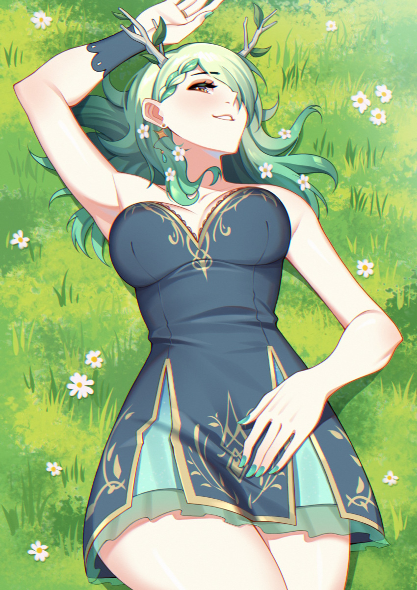 1girl arm_up armpits bangs bare_arms bare_shoulders braid branch breasts ceres_fauna crossed_legs grass green_hair highres hololive hololive_english horns large_breasts leaf looking_at_viewer lying mawaridi medium_hair nature on_back outdoors skirt thighs wide_hips