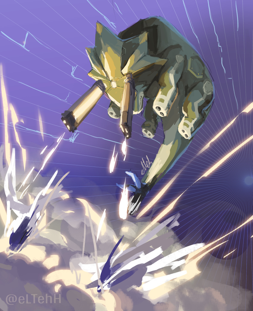 absurd_res bandai_namco ceratopsian digimon digimon_ghost_game dinosaur eltehh feral green_body gun_arm gun_feet hi_res male ornithischian quadruped railgun ranged_weapon reptile scalie shooting solo triceratops weapon wezengammamon yellow_eyes