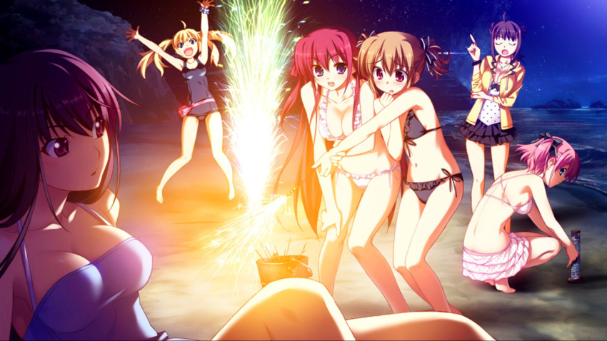 6+girls :d :o \o/ ahoge arms_up back barefoot beach bikini bikini_skirt black_hair blonde_hair breasts brown_hair cleavage closed_eyes double_bun fireworks frilled_bikini frills fumio_(ura_fmo) game_cg grisaia_(series) grisaia_battlefield_barcarolle grisaia_no_kajitsu hair_bun hair_ribbon highres hood hoodie index_finger_raised irisu_makina jumping komine_sachi long_hair long_legs matsushima_michiru medium_breasts multiple_girls navel night night_sky one-piece_swimsuit open_clothes open_hoodie open_mouth outstretched_arms pink_hair ribbon sakaki_yumiko school_swimsuit short_twintails side-tie_bikini sky smile sparkler star_(sky) starry_sky suou_amane swimsuit tachibana_chizuru_(grisaia) twintails very_long_hair watanabe_akio