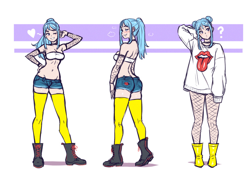 1girl ? akairiot ass back bare_shoulders blue_hair blush boots breasts choker contrapposto cropped_torso denim denim_shorts double_bun drooling fishnet_legwear fishnets groin hair_bun hand_on_hip hand_on_own_head heart highres iru_may long_hair looking_at_viewer looking_back looking_to_the_side lowleg lowleg_shorts medium_breasts midriff multiple_views naughty_face navel no_pants one_eye_closed original ponytail print_sweater purple_eyes short_hair_with_long_locks short_shorts shorts shoulder_blades sigh simple_background solo strapless sweater thighhighs tube_top upper_body yellow_legwear