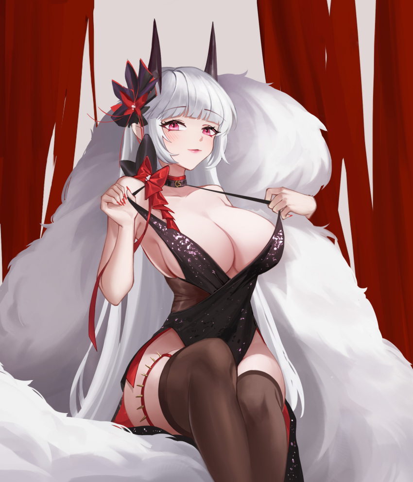 1girl azur_lane bangs bare_shoulders black_dress blunt_bangs breasts brown_legwear choker cleavage collarbone curvy dress evening_gown eyebrows_visible_through_hair flower fur_shawl garter_belt hair_flower hair_ornament halter_dress halterneck hands_up highres hip_vent horns large_breasts legs_together light_blush light_smile lipgloss long_hair looking_at_viewer moli_qiyue no_bra official_alternate_costume pink_eyes plunging_neckline red_nails ribbon ribbon_choker shawl shiny shiny_clothes sideboob sitting solo strap_pull thigh_strap thighhighs very_long_hair white_hair yorck_(azur_lane) yorck_(breaker_under_the_blood_moon)_(azur_lane) zettai_ryouiki