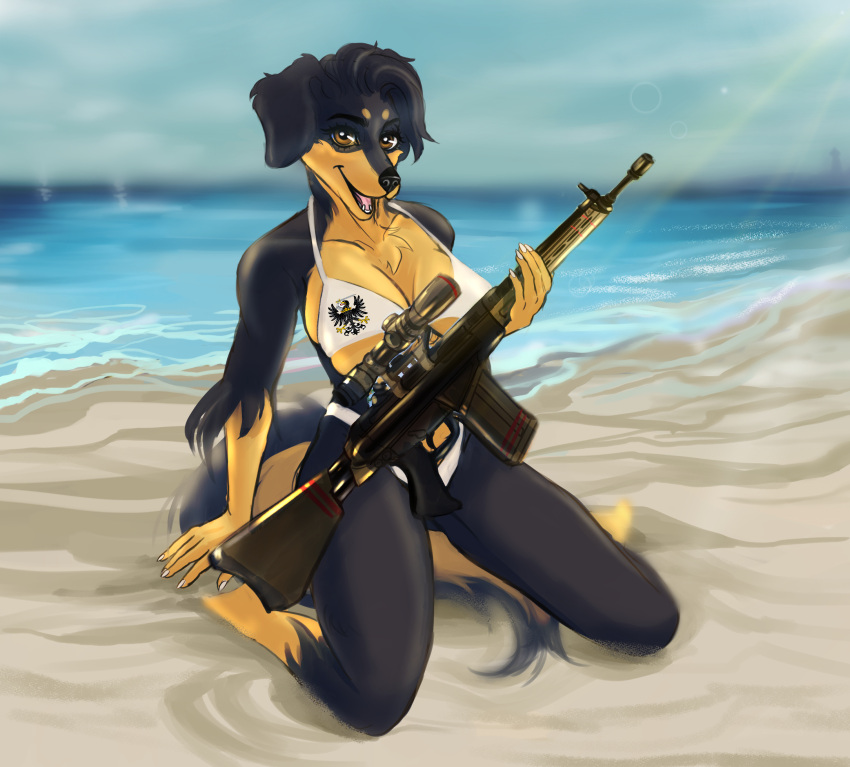 and anthro bikini cinnameana clothing female flag g3 gun heckler hi_res hovawart koch lydia lydia_von_blutsonne prussia ranged_weapon rifle solo swimwear von weapon