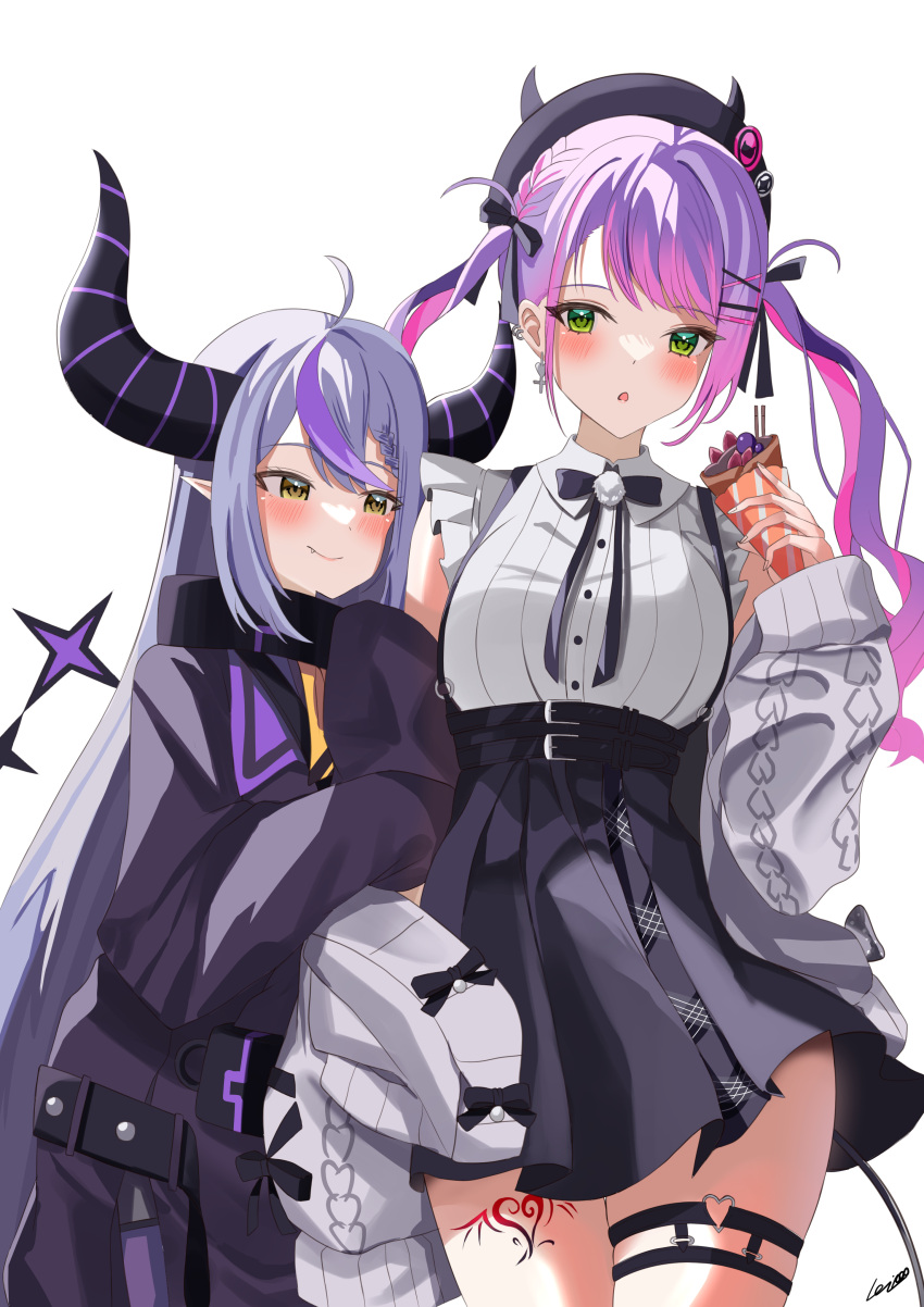 2girls absurdres arm_hug black_headwear blush closed_mouth cowboy_shot crepe demon_girl demon_horns demon_tail ear_piercing fake_horns food green_eyes heart highres holding holding_food hololive horned_headwear horns la+_darknesss leg_tattoo light_purple_hair lolipop_(nmaf4445) long_hair long_sleeves looking_at_another multicolored_hair multiple_girls open_mouth piercing pink_hair pointy_ears purple_hair signature sleeves_past_fingers sleeves_past_wrists smile tail tattoo tokoyami_towa twintails two-tone_hair very_long_hair virtual_youtuber white_background yellow_eyes