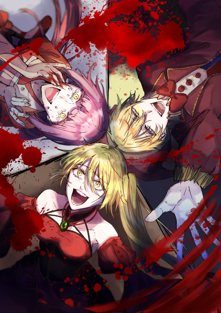 1boy 2girls akita_neru bangs banica_conchita banica_conchita_(cosplay) bare_shoulders blonde_hair blood blood_on_face blood_on_hands blood_splatter blue_eyes blunt_bangs bow bowtie choker collarbone cosplay crazy_eyes crying crying_with_eyes_open detached_sleeves dress evillious_nendaiki facepaint frilled_cuffs full_moon gobanme_no_pierrot_(vocaloid) hair_between_eyes hat highres irina_clockworker jacket jester jester_cap kagamine_len kneeling laughing lemy_abelard long_hair looking_up ma_survival_(vocaloid) moon multiple_girls nekomura_iroha ney_phutapie night night_sky open_mouth outstretched_hand pink_blood pink_hair ponytail reaching_out red_bow red_bowtie red_dress red_jacket shinon_no_tokeitou_(vocaloid) side_ponytail sky slit_pupils streaming_tears tears very_long_hair vocaloid warabi_(danngo-mitarasi) yellow_eyes