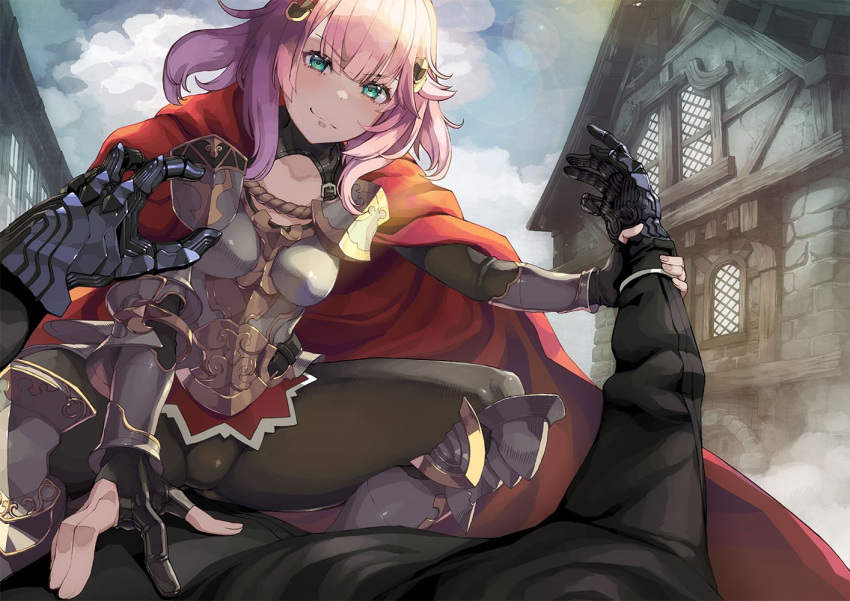 1boy 1girl armor armored_boots bangs blush bodystocking boots bracer breasts cloak closed_mouth cloud cloudy_sky eyebrows_visible_through_hair green_eyes hair_ornament hand_grab looking_at_viewer looking_down medium_breasts nishii_(nitroplus) novel_illustration official_art ore_ni_wa_kono_kuragari_ga_kokochi_yokatta out_of_frame outdoors pink_hair red_cloak second-party_source sky smirk straddling textless_version v-shaped_eyebrows