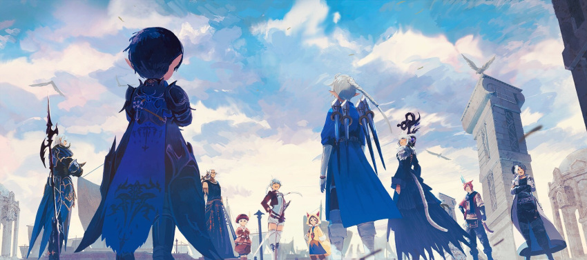 4girls 6+boys alisaie_leveilleur alphinaud_leveilleur animal_ears animal_hood armor avatar_(ff14) bangs bare_shoulders belt beret bird black_dress black_gloves black_hair black_pants black_robe black_scarf black_shirt blue_cape blue_coat boots braid cape cat_ears cat_hood cat_tail cloud cloudy_sky coat column cropped_jacket crossed_arms day dragoon_(final_fantasy) dress elezen elf facing_away faulds final_fantasy final_fantasy_xiv fingerless_gloves from_behind g'raha_tia gloves grey_hair hand_on_hip hands_on_hips hat highres hood hooded_jacket hyur jacket knee_boots krile_mayer_baldesion_(ff14) lalafell lance long_hair miqo'te multiple_boys multiple_girls nin0019 outdoors paladin_(final_fantasy) pants pauldrons pillar pointy_ears polearm ponytail red_hair red_headwear red_jacket sage_(final_fantasy) scarf scenery ship shirt short_hair shoulder_armor single_braid sky smile staff standing tail tataru_taru thancred_waters thigh_boots urianger_augurelt watercraft weapon weapon_on_back white_coat white_footwear white_shirt yellow_jacket
