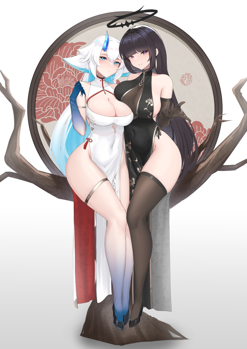 2girls absurdres animal_ears armlet bangs bare_legs bare_shoulders black_dress black_footwear black_gloves black_legwear blue_eyes blue_hair blunt_bangs blush breasts china_dress chinese_clothes cleavage cleavage_cutout clothing_cutout colored_inner_hair commission covered_navel dress elbow_gloves floppy_ears full_body gloves hair_between_eyes halo high_heels highres horns large_breasts legs looking_at_viewer multicolored_hair multiple_girls original outstretched_arm pelvic_curtain pixiv_request purple_eyes side_slit sideboob skeb_commission sleeveless smile suzuya_(maru) tassel thighhighs thighlet thighs tree turtleneck two-tone_hair white_dress white_hair