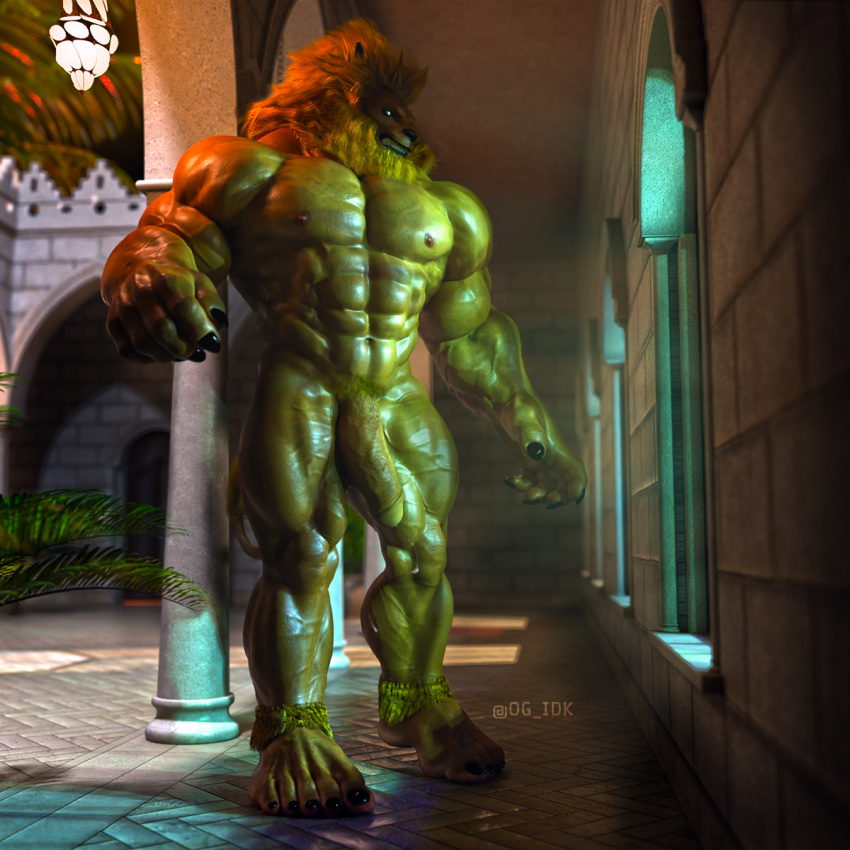 1:1 3d_(artwork) bandai_namco beard big_muscles digimon digimon_(species) digital_media_(artwork) facial_hair genitals hi_res leomon male mane muscular nipples nude og_idk penis public solo thegreenfoot window