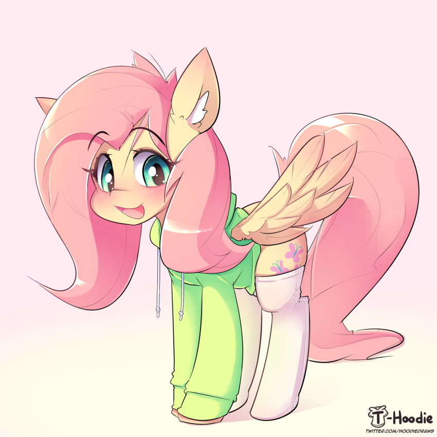 1:1 2021 blush clothing cutie_mark digital_media_(artwork) equid equine eyelashes feathered_wings feathers female feral fluttershy_(mlp) friendship_is_magic green_eyes happy hasbro hi_res hoodie hoodie_(artist) inner_ear_fluff legwear mammal my_little_pony open_mouth open_smile pegasus signature smile stockings topwear tuft wings yellow_body yellow_feathers