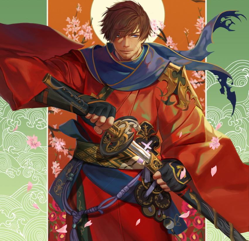 1boy absurdres adventurer_(ff14) alternate_costume bangs blue_eyes blue_scarf brown_hair character_request check_character cherry_blossoms facial_hair feet_out_of_frame final_fantasy final_fantasy_xiv fingerless_gloves floral_background full_moon gloves highres holding holding_sheath japanese_clothes kimono looking_to_the_side male_focus mature_male moon on_(isk1812) red_kimono scarf sheath short_hair sideburns smile solo standing stubble unsheathing warrior_of_light wind