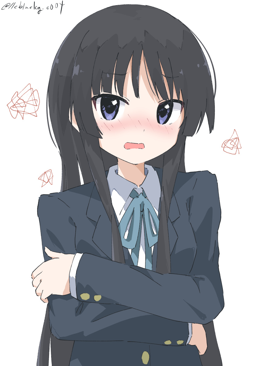 1girl absurdres akiyama_mio bangs black_eyes black_hair blazer blue_jacket blue_ribbon blunt_bangs blush collared_shirt commentary_request crossed_arms cynical_(llcbluckg_c004) highres hime_cut jacket k-on! long_hair long_sleeves looking_at_viewer neck_ribbon open_mouth ribbon sakuragaoka_high_school_uniform school_uniform shirt sidelocks solo upper_body white_shirt