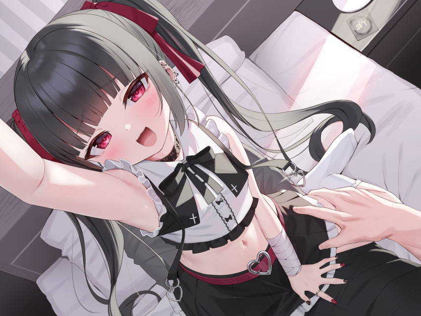 1boy 1girl :d arm_up armpits bandaged_arm bandages bare_arms bare_shoulders bed belt black_choker black_hair black_skirt bow choker crop_top earrings frilled_shirt frills girl_on_top hair_bow heart highres jewelry long_hair looking_at_viewer midriff miniskirt nail_polish naughty_face navel neck_ribbon on_bed open_mouth original pleated_skirt red_eyes ribbon shirt sidelocks skirt sleeveless sleeveless_shirt smile solo_focus stomach tsukiman twintails very_long_hair white_shirt