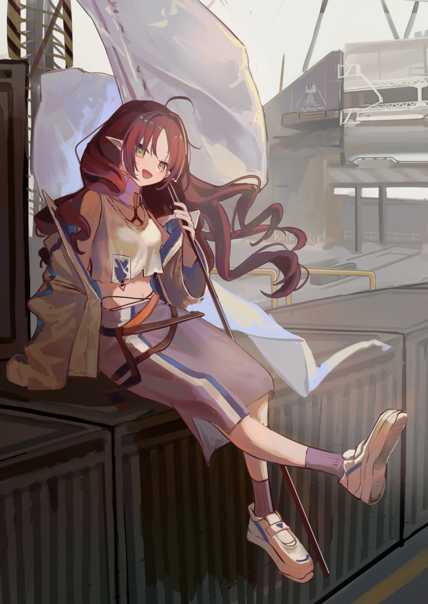 1girl :d absurdres ahoge arknights bare_shoulders crop_top flag full_body highres holding holding_flag jacket landship long_hair midriff myrtle_(arknights) natsuba002 navel off_shoulder open_clothes open_jacket open_mouth outdoors pointy_ears purple_legwear purple_skirt red_hair rhodes_island_logo shipping_container shirt shoes sitting skirt smile socks solo wavy_hair white_flag white_footwear white_jacket white_shirt