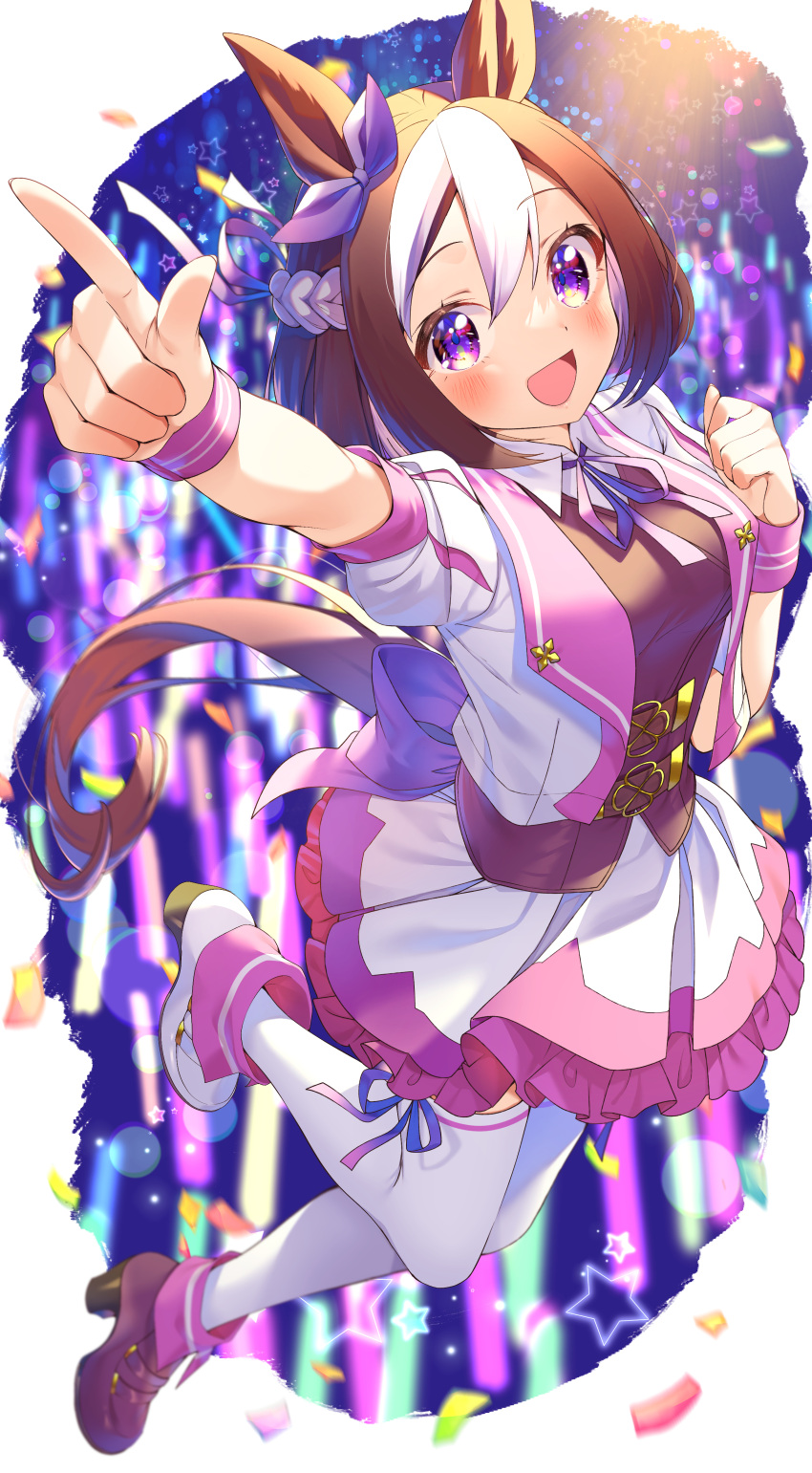 1girl :d absurdres animal_ears ankle_boots bob_cut boots bow breasts brown_hair commentary confetti foreshortening full_body hair_between_eyes hair_bow high_heel_boots high_heels highres horse_ears horse_girl horse_tail jacket leg_up light_stick looking_at_viewer medium_breasts miniskirt multicolored_hair neck_ribbon open_clothes open_jacket pointing purple_bow purple_eyes purple_ribbon purple_wristband ribbon short_hair skirt smile solo special_week_(umamusume) streaked_hair tail thighhighs umamusume white_hair white_jacket white_legwear white_skirt wotagei wristband yupiteru