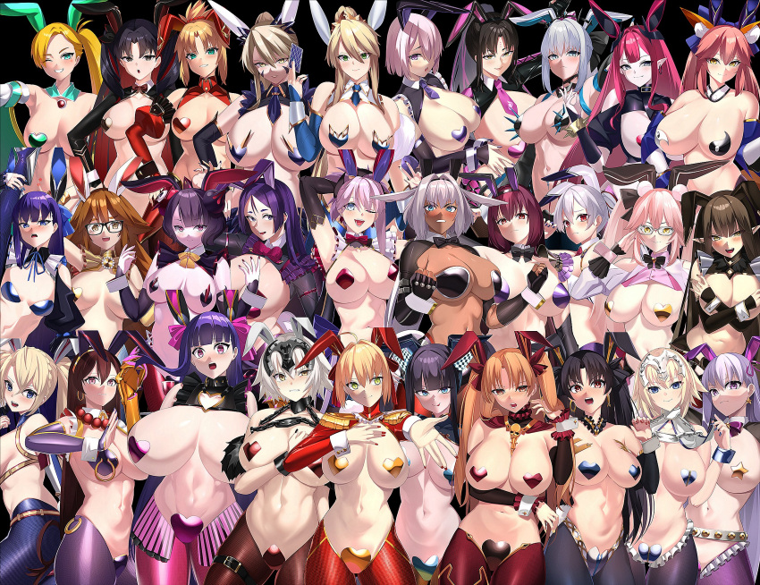 6+girls animal_ears artoria_pendragon_(alter_swimsuit_rider)_(fate) artoria_pendragon_(fate) bb_(fate) between_breasts black_hair blonde_hair blue_eyes bradamante_(fate) breasts breasts_out brown_hair caenis_(fate) calamity_jane_(fate) covered_nipples earrings elbow_gloves ereshkigal_(fate) fate/grand_order fate_(series) glasses gloves green_eyes grey_hair halterneck heart_pasties highres ishtar_(fate) jeanne_d'arc_alter_(fate) jewelry kurozawa_yui large_breasts looking_at_viewer meltryllis_(fate) meme_attire minamoto_no_raikou_(fate) miyamoto_musashi_(fate) mordred_(fate) morgan_le_fay_(fate) multiple_girls navel necktie necktie_between_breasts one_eye_closed open_mouth outstretched_arm pasties pink_hair playboy_bunny purple_eyes purple_hair rabbit_ears red_eyes red_hair reverse_bunnysuit reverse_outfit scathach_(fate) semiramis_(fate) smile star_pasties white_hair xuangzang_sanzang_(fate) yang_guifei_(fate) yellow_eyes