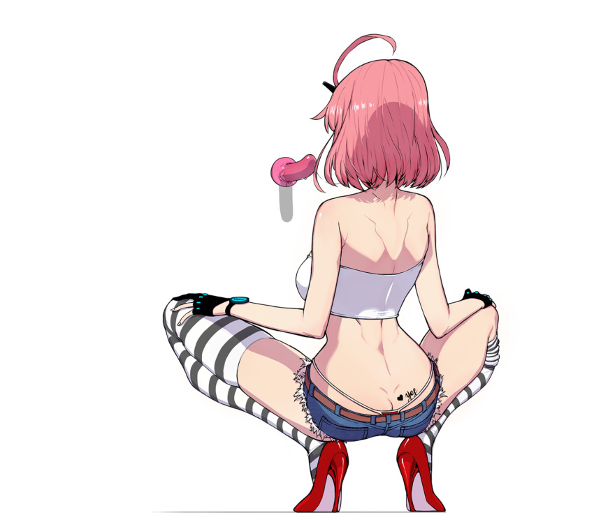 1girl ass ass_tattoo back bare_arms bare_shoulders counter:side cowlick crop_top deliciousmeatart dildo facing_away g-string gloves heart high_heels highres korean_commentary partially_fingerless_gloves pink_hair red_footwear saliva sex_toy shadow short_hair simple_background solo spread_legs squatting striped striped_legwear sylvia_lena_cooper thighhighs thighs thong white_background