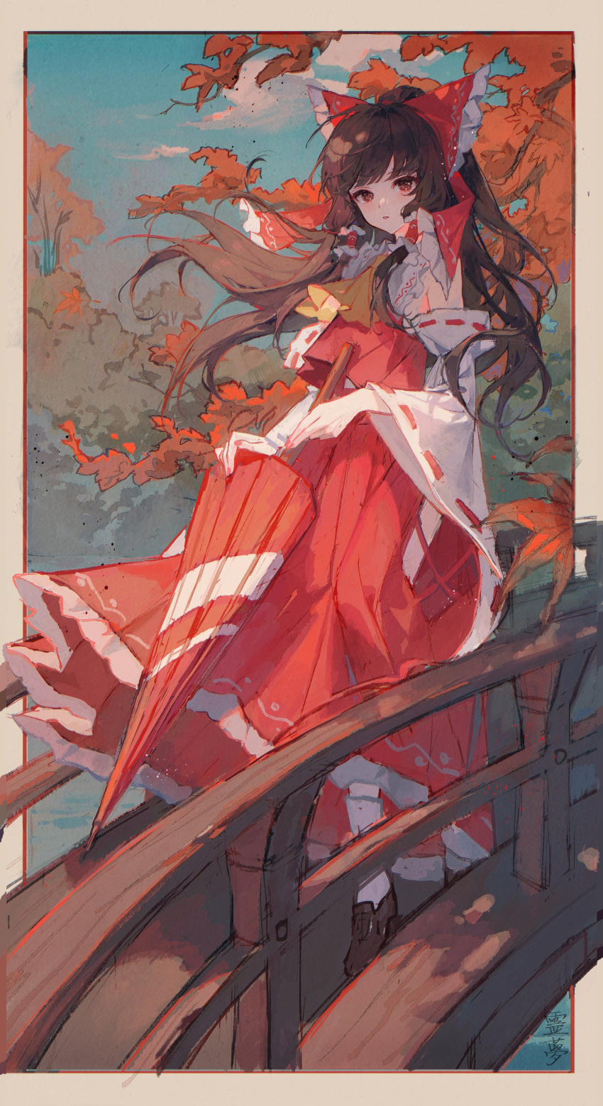 1girl absurdres bangs bow brown_footwear brown_hair detached_sleeves hair_bow hakama hakurei_reimu highres japanese_clothes leaf looking_at_viewer maccha_(mochancc) parted_lips red_bow red_eyes red_hakama red_shirt shirt solo standing touhou white_legwear wide_sleeves