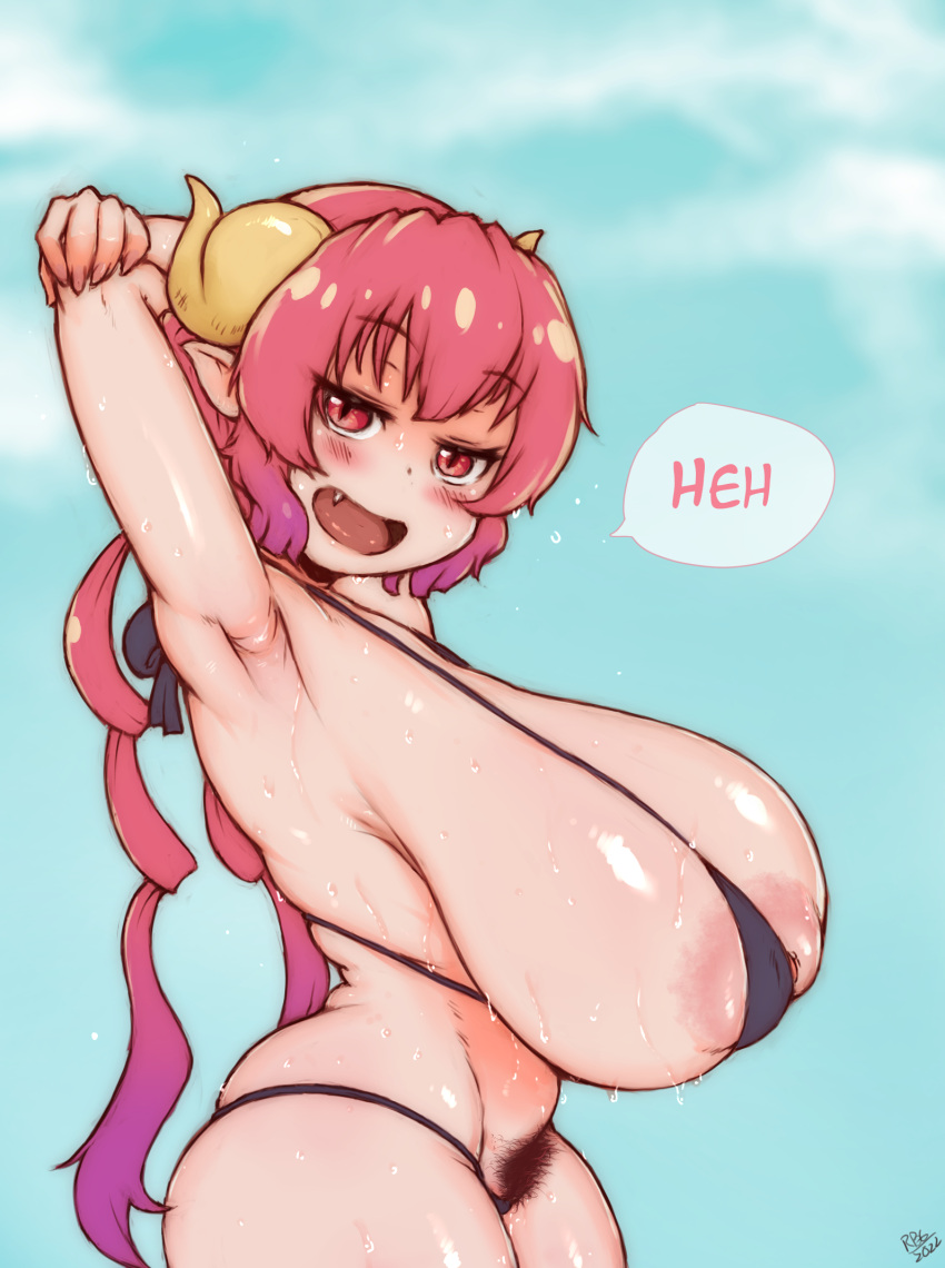 1girl areola_slip armpits arms_behind_head arms_up bikini black_bikini black_pubic_hair blue_sky blush breasts day dragon_horns excessive_pubic_hair eyebrows_visible_through_hair fang female_pubic_hair fingernails from_side highres horns huge_breasts ilulu_(maidragon) inverted_nipples kobayashi-san_chi_no_maidragon long_hair looking_at_viewer low_twintails lowleg lowleg_bikini micro_bikini mismatched_pubic_hair nipple_slip nipples oppai_loli pink_hair pointy_ears pubic_hair randomboobguy red_eyes sagging_breasts shortstack sky slit_pupils solo spaghetti_strap standing stretch summer sweat swimsuit thick_thighs thighs twintails yellow_horns