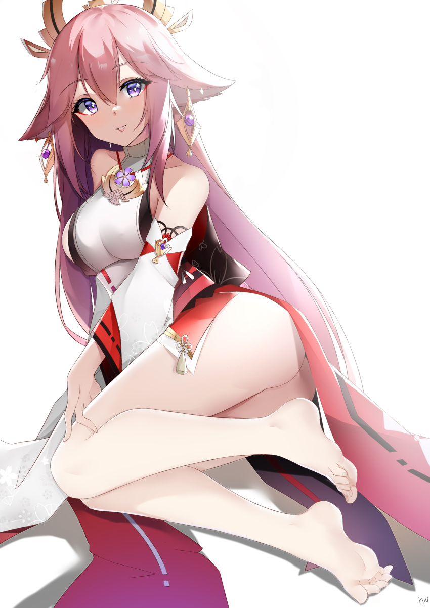 1girl absurdres animal_ears bangs bare_legs bare_shoulders barefoot breasts collarbone eyebrows_visible_through_hair fox_ears full_body genshin_impact hair_ornament highres japanese_clothes legs long_hair looking_at_viewer medium_breasts miko on_floor open_mouth parted_lips pink_hair purple_eyes smile soles solo thighs toes white_background yae_miko yanwulazy