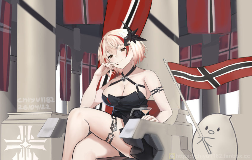 1girl absurdres artist_name azur_lane bangs bare_legs bare_shoulders bird black_dress black_nails blonde_hair breasts brown_eyes chick chiyu1182 cleavage cocktail_glass column commentary cross crossed_legs cup dated dress drinking_glass eyebrows_visible_through_hair flag hair_between_eyes hair_ornament highres imperial_war_flag indoors iron_blood_(emblem) iron_cross large_breasts looking_at_viewer manjuu_(azur_lane) multicolored_hair official_alternate_costume pillar red_hair roon_(azur_lane) roon_(dark_red_grin)_(azur_lane) short_hair sitting sleeveless sleeveless_dress smile streaked_hair throne waving_flag window