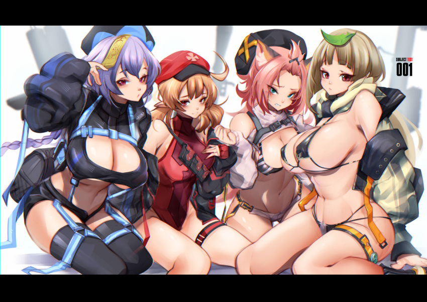 4girls adapted_costume ahoge alternate_costume animahakim animal_ears bangs bangs_pinned_back belt bikini black_bikini blunt_bangs breasts brown_eyes cabbie_hat cat_ears cat_girl cleavage clover_print commentary detached_sleeves diona_(genshin_impact) english_commentary eyebrows_visible_through_hair forehead genshin_impact green_eyes grey_hair hair_between_eyes hair_ribbon hat highleg highleg_leotard jiangshi klee_(genshin_impact) large_breasts leaf leaf_on_head leotard light_brown_hair long_hair long_sleeves looking_at_viewer low_ponytail low_twintails micro_bikini multiple_girls navel ofuda older orange_eyes pink_hair pointy_ears purple_eyes purple_hair qing_guanmao qiqi_(genshin_impact) ribbon sayu_(genshin_impact) short_hair short_shorts shorts sidelocks sitting stomach swimsuit thighlet twintails wariza wide_sleeves