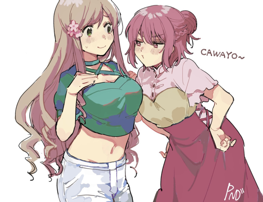 2girls axis_powers_hetalia braid breasts brown_hair cleavage cross-laced_clothes cross-laced_slit cross-laced_top czech_republic_(hetalia) dkdmis dress eye_contact flower green_eyes green_skirt hair_bun hair_flower hair_ornament hand_on_own_chest hands_on_hips hungary_(hetalia) large_breasts leaning_forward light_brown_hair looking_at_another multiple_girls official_alternate_costume pants pout pouty_lips puffy_sleeves purple_eyes short_sleeves single_hair_bun skirt tank_top v-shaped_eyebrows wavy_hair white_pants