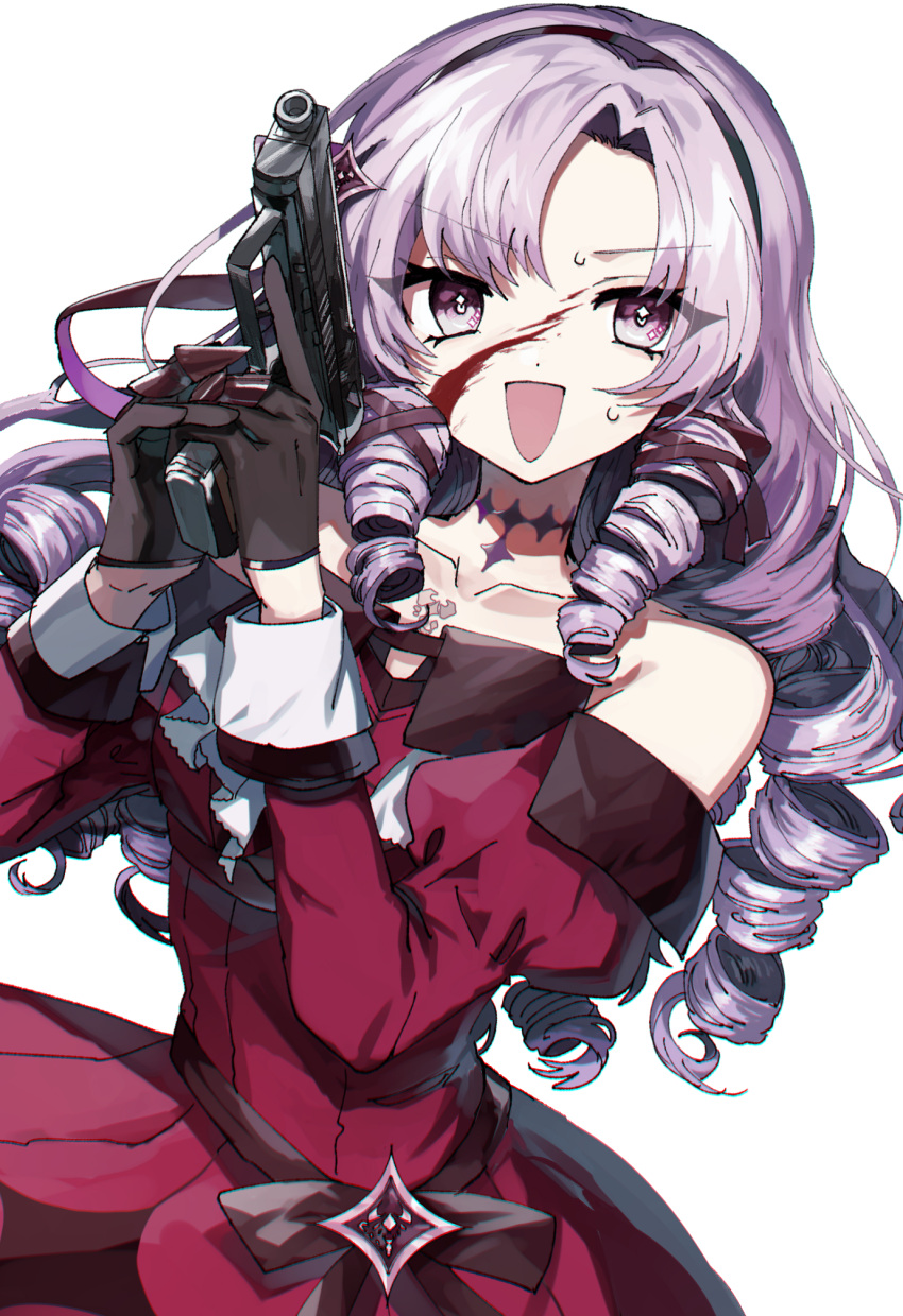 1girl :d bangs bare_shoulders black_gloves blood blood_on_face breasts collarbone commentary_request danjou_sora detached_sleeves dress drill_hair eyebrows_visible_through_hair eyes_visible_through_hair forehead gloves gun half_gloves handgun hands_up highres holding holding_gun holding_weapon hyakumantenbara_salome juliet_sleeves long_hair long_sleeves medium_breasts nijisanji parted_bangs pistol puffy_sleeves purple_eyes purple_hair red_dress red_sleeves simple_background smile solo strapless strapless_dress sweat v-shaped_eyebrows very_long_hair virtual_youtuber weapon weapon_request white_background