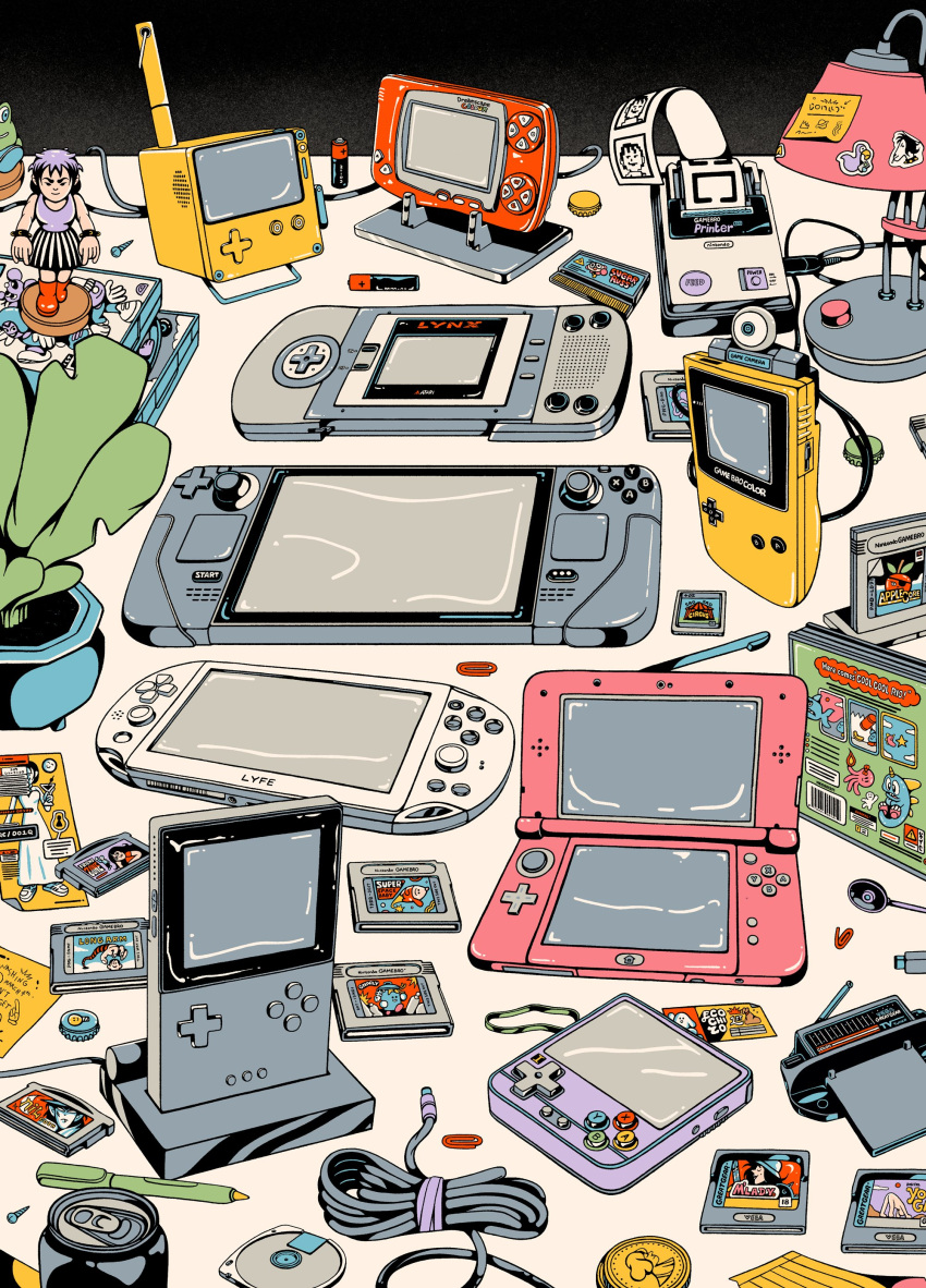 absurdres analogue_pocket anbernic_rg280v atari_lynx english_commentary figure game_boy game_boy_camera game_boy_color game_boy_printer game_cartridge handheld_game_console highres nintendo_3ds no_humans original plant playstation_vita steam_deck stephen_maurice_graham wonderswan