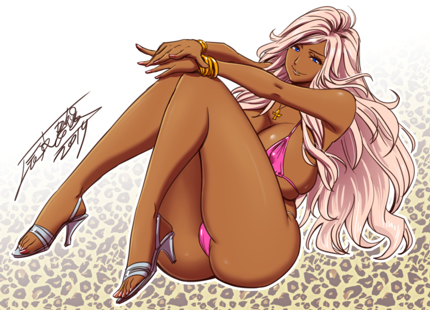 1girl 2019 ankh ass bangs bikini blonde_hair blue_eyes bracelet breasts cleavage commentary_request covered_nipples dark-skinned_female dark_skin gyaru high_heels huge_breasts jewelry lips long_hair micro_bikini nail_polish original pink_bikini signature sitting solo swept_bangs swimsuit tatsunami_youtoku thick_thighs thighs