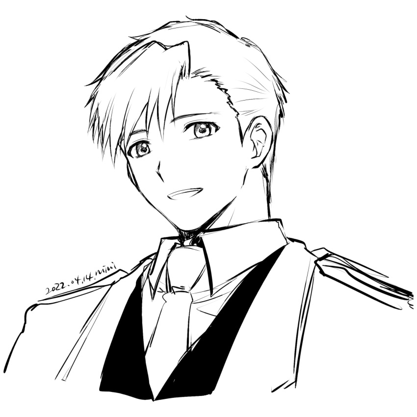 1boy 2022 :d alphonse_elric bangs collared_shirt cropped_torso dated fullmetal_alchemist greyscale hair_between_eyes highres male_focus mini_(pixiv6327751) monochrome necktie older open_mouth portrait shirt short_hair simple_background sketch smile solo vest white_background wing_collar