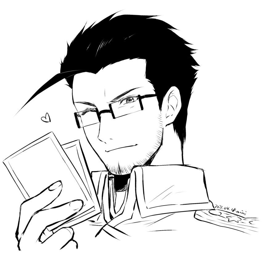 1boy 2022 ;) beard closed_mouth cropped_torso dated facial_hair fullmetal_alchemist glasses greyscale heart highres maes_hughes male_focus mini_(pixiv6327751) monochrome one_eye_closed portrait rectangular_eyewear short_hair simple_background sketch smile solo white_background wing_collar