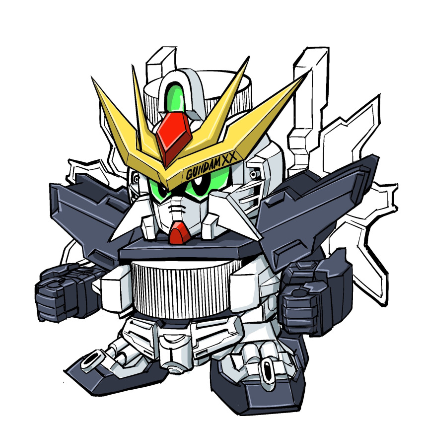 after_war_gundam_x b-daman crossover green_eyes gundam gundam_double_x highres looking_ahead mecha no_humans nyun_seki parody solo style_parody toy v-fin white_background