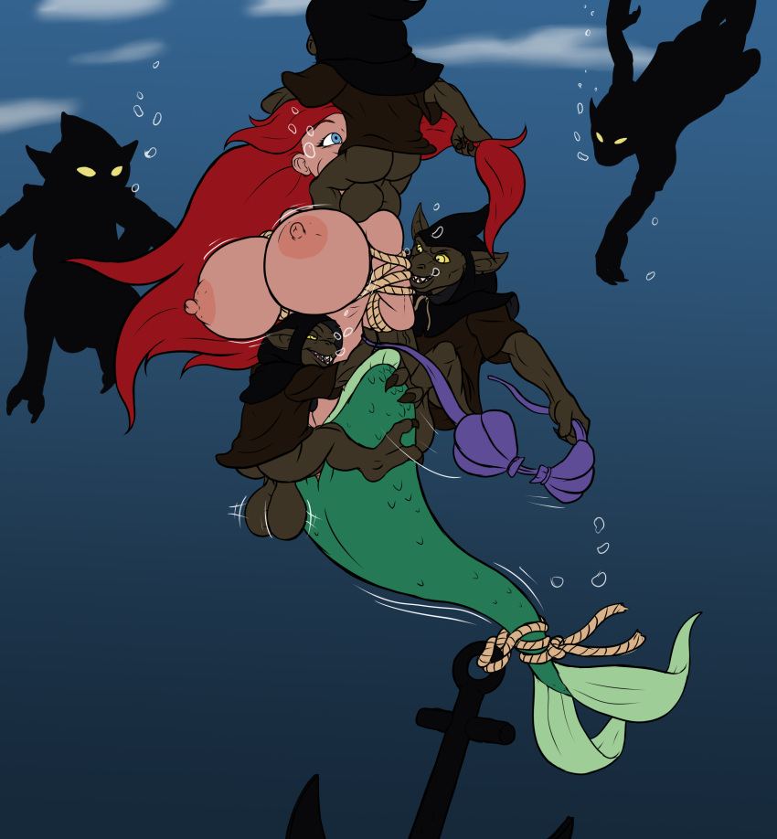 absurd_res anthro ariel_(disney) balls big_balls big_breasts big_penis blue_eyes breasts claws clothed clothing disney dominant dominant_male erection fangs fellatio female female_penetrated foursome genitals group group_sex hair hi_res humanoid karnator light-skinned_female male male/female male_penetrating male_penetrating_female marine merfolk nipples open_mouth open_smile oral partially_clothed penetration penile penis pussy red_hair restrained rope sex smile split_form submissive submissive_female the_little_mermaid_(1989) underwater vaginal vaginal_penetration vein veiny_penis water yellow_eyes