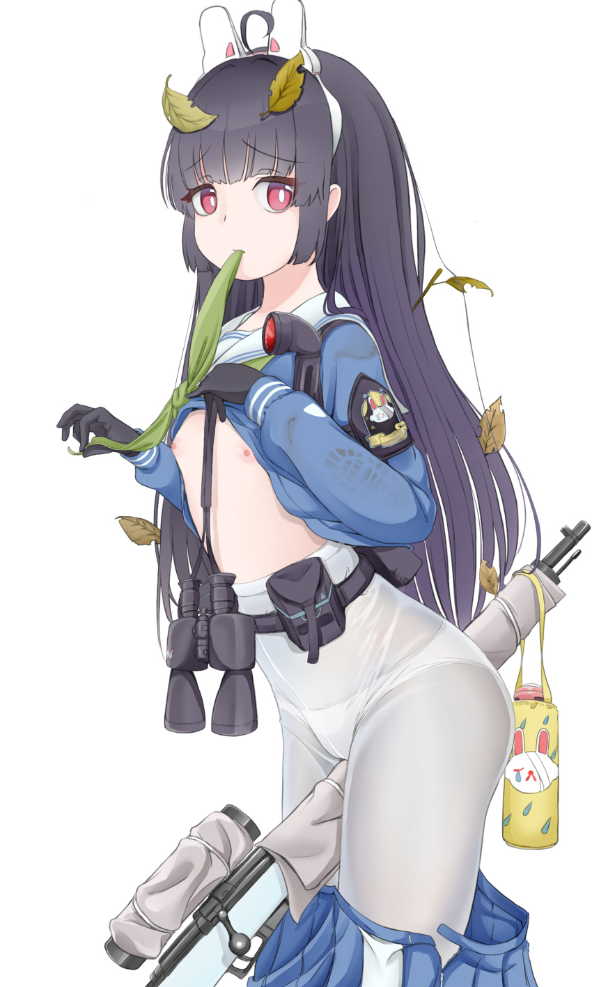 1girl absurdres ahoge binoculars black_gloves black_hair blue_archive blue_shirt blue_skirt bolt_action clothes_lift dirty dirty_clothes flashlight flat_chest gloves gun hairband halo highres holding holding_gun holding_weapon leaf leaf_on_head lifted_by_self long_hair long_sleeves looking_at_viewer miyu_(blue_archive) nipples panties panties_under_pantyhose pantyhose pleated_skirt red_eyes rifle shirt shoe_print skate1014 skirt skirt_lift solo underwear weapon white_hairband white_legwear white_panties