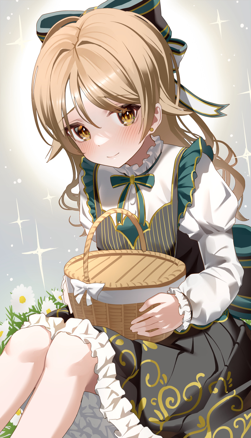 1girl absurdres blonde_hair blush collar earrings feet_out_of_frame flower frilled_collar frilled_sleeves frills highres idolmaster idolmaster_cinderella_girls jewelry knees_up long_hair long_sleeves looking_at_viewer morikubo_nono ningen_mame picnic_basket puffy_long_sleeves puffy_sleeves sitting solo sparkle stud_earrings wavy_hair white_flower yellow_eyes
