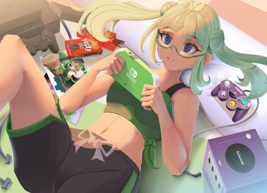 1girl absurdres alternate_costume artknight045 bangs blue_eyes commission double_bun fire_emblem fire_emblem_fates game_console gamecube gamecube_controller glasses green_hair hair_bun highres midori_(fire_emblem) navel playing_games playstation_2 playstation_controller second-party_source shorts