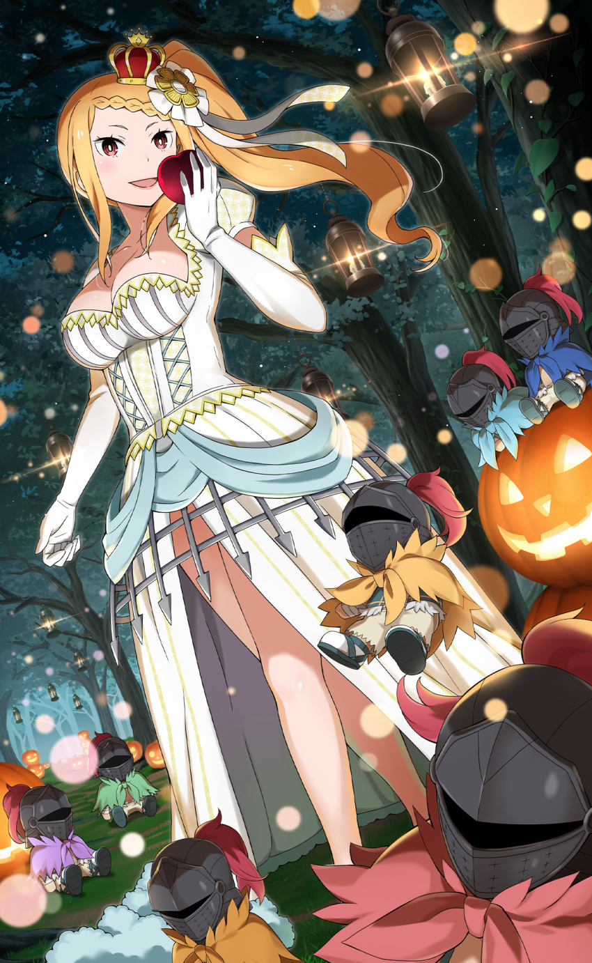 1girl 6+boys aldebaran_(re:zero) apple braid braided_bangs breasts cleavage cosplay crown dress eating elbow_gloves food fruit gloves gnome grimm's_fairy_tales halloween halloween_costume helmet highres holding holding_food holding_fruit jack-o'-lantern knight long_hair looking_at_viewer medium_breasts mini_crown multiple_boys official_art orange_hair outdoors priscilla_barielle puffy_short_sleeves puffy_sleeves pumpkin re:zero_kara_hajimeru_isekai_seikatsu re:zero_kara_hajimeru_isekai_seikatsu:_lost_in_memories short_sleeves side_ponytail smile snow_white snow_white_(grimm) snow_white_(grimm)_(cosplay) tree white_dress white_gloves