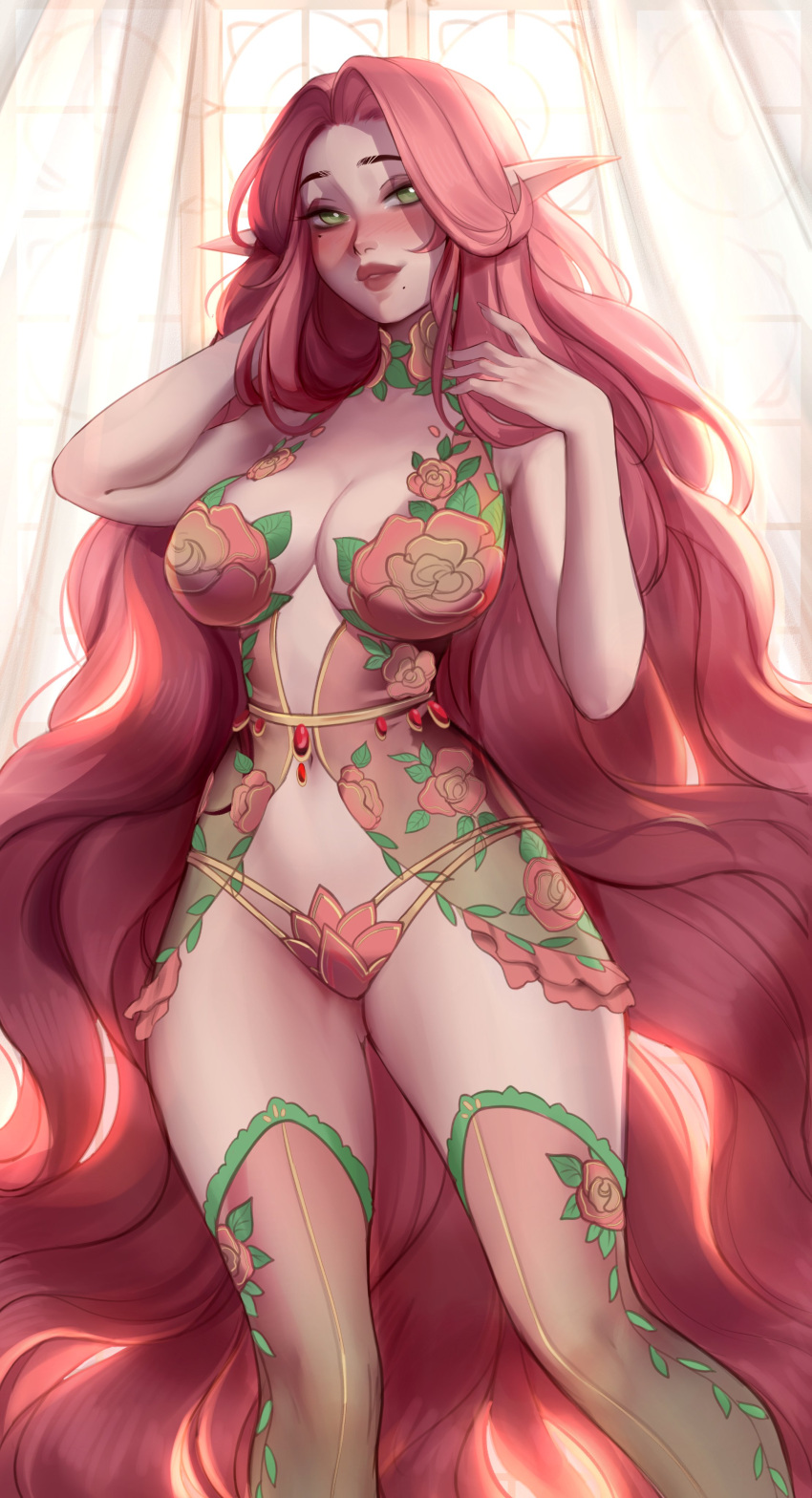 1girl absurdres ass_visible_through_thighs blush breasts curtains facing_viewer fingernails floral_dress floral_print flower gem green_eyes hand_in_own_hair highres large_breasts leaf long_hair looking_at_viewer maewix_(artist) mole mole_under_eye mole_under_mouth navel original pointy_ears red_hair see-through see-through_legwear smile solo thighhighs underwear very_long_hair window