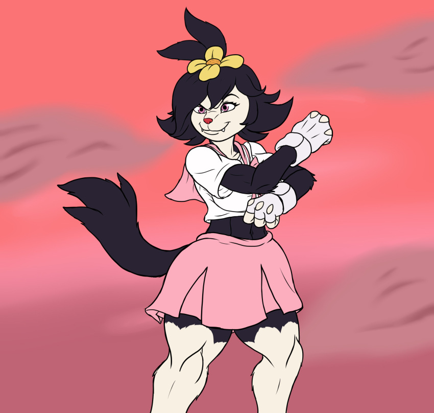 animaniacs anthro breasts clothed clothing dot_warner fangs female fluffy fluffy_tail fur gloves handwear hi_res karnator pink_eyes purple_body purple_fur simple_background smile solo warner_brothers