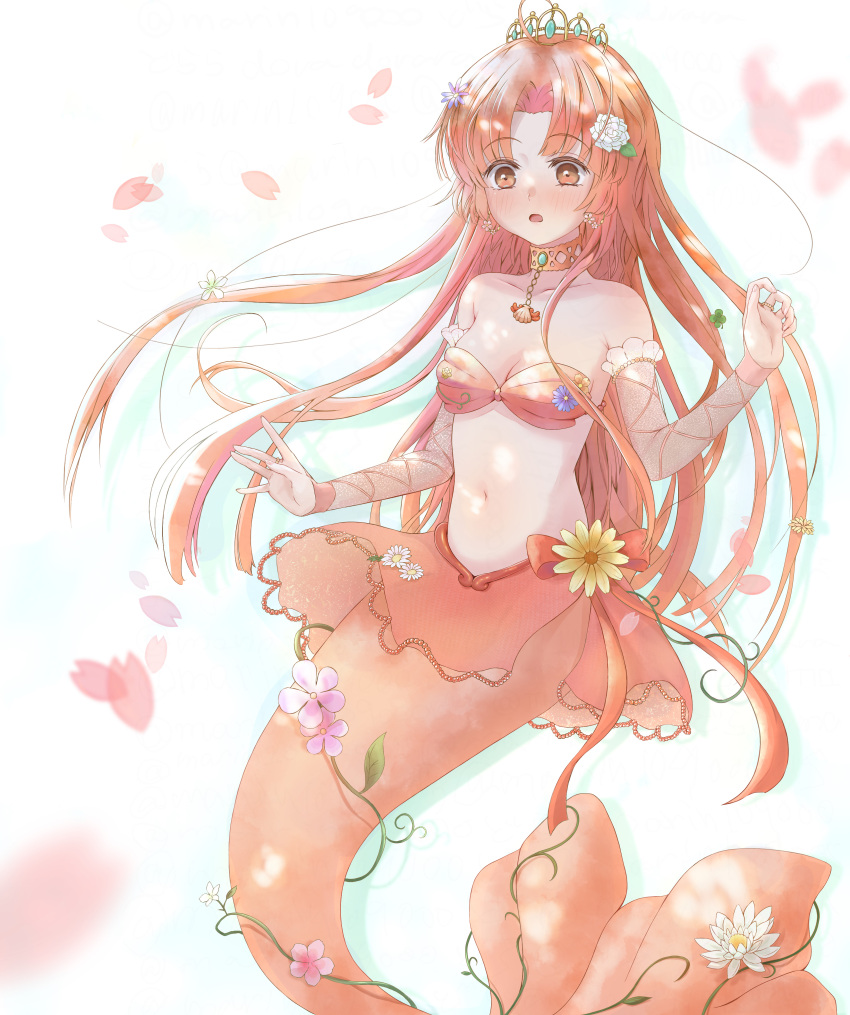 1girl absurdres blush bra cherry_blossoms commentary_request crown dorara9002 floating_hair flower highres hime_cut jewelry long_hair mermaid mermaid_melody_pichi_pichi_pitch monster_girl neck_ring open_mouth orange_eyes orange_hair princess ribbon seira_(mermaid_melody_pichi_pichi_pitch) shell_necklace solo underwear