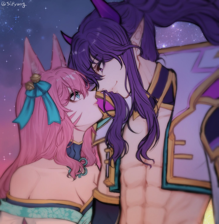 1boy 1girl abs ahri_(league_of_legends) animal_ear_fluff animal_ears aqua_bow bare_shoulders bell blue_eyes bow closed_mouth eyebrows_visible_through_hair eyelashes eyes_visible_through_hair eyeshadow facial_mark hair_bow highres horns league_of_legends light_blue_eyes long_eyelashes long_hair looking_at_another makeup muscular muscular_male off_shoulder pink_hair pink_lips pointy_ears ponytail purple_eyes purple_eyeshadow purple_hair purple_horns sipyung sky slit_pupils smile spirit_blossom_(league_of_legends) spirit_blossom_ahri spirit_blossom_thresh star_(sky) starry_sky thresh_(league_of_legends) twitter_username upper_body whisker_markings