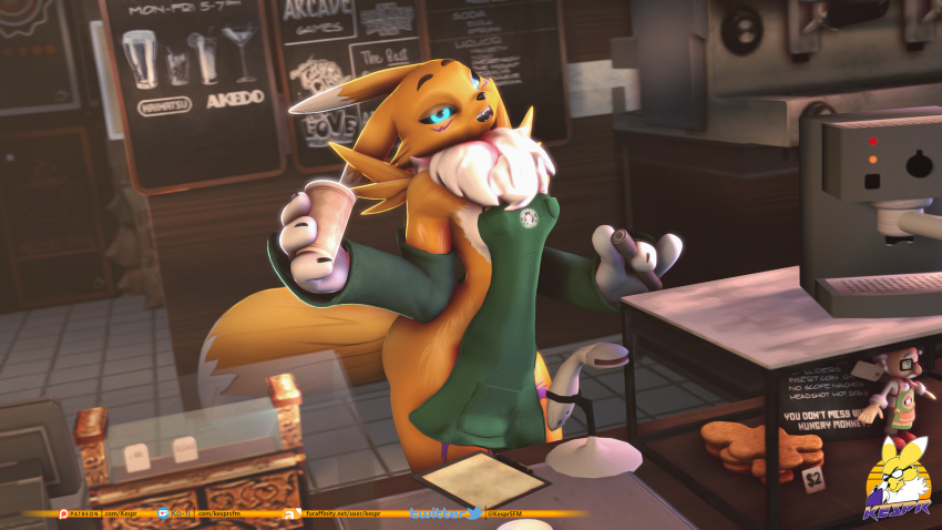 3d_(artwork) anthro apron apron_only armwear bandai_namco black_nose black_sclera blue_eyes breasts bridal_gauntlets claws clothed clothing coffee_cup coffee_shop container cookie cup digimon digimon_(species) digital_media_(artwork) digitigrade dipstick_ears dipstick_tail english_text eyebrows facial_markings female food head_markings hi_res holding_cup holding_object kespr leg_markings looking_at_viewer markings mostly_nude multicolored_body multicolored_ears neck_tuft open_mouth partially_clothed renamon shoulder_tuft solo standing tail_markings teeth text thigh_markings toe_claws tuft two_tone_body white_body yellow_body