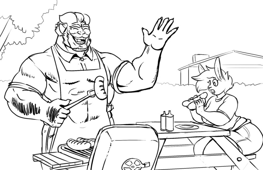2017 anthro apron barbecue black_and_white breasts chubby_anthro chubby_female clothed clothing demon dulce_(mr.pink) duo facial_hair female food fully_clothed grill holding_food holding_object horn horned_humanoid hot_dog humanoid lagomorph leporid line_art male mammal monochrome muscular muscular_male mustache open_mouth open_smile outside sitting slightly_chubby smile vdisco