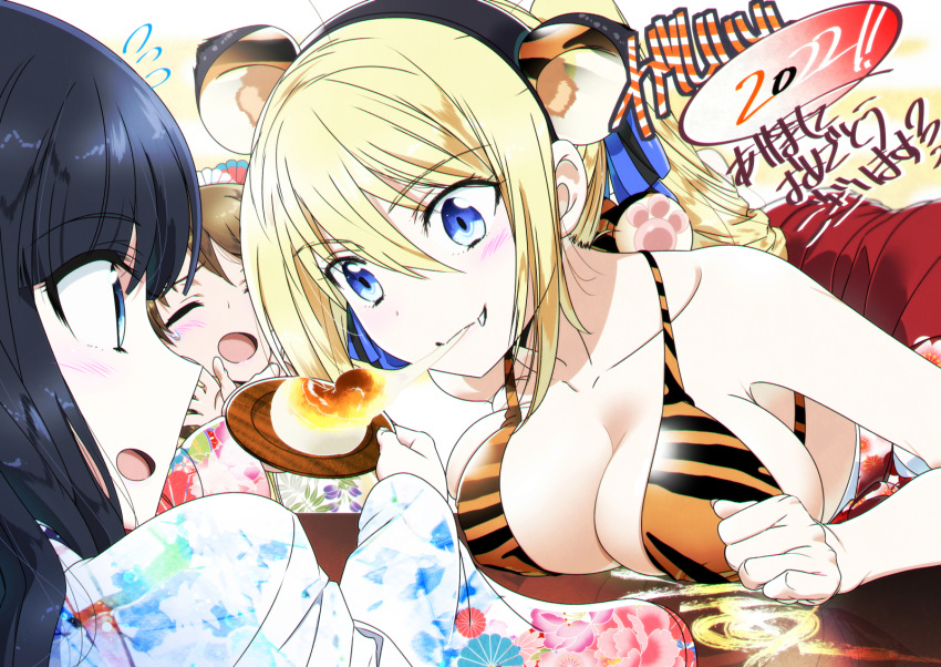 3girls angelina_kudou_shields bikini breasts cleavage eating food highres large_breasts mahouka_koukou_no_rettousei mamezuka_takashi mitsui_honoka multiple_girls nengajou new_year open_mouth shiba_miyuki swimsuit