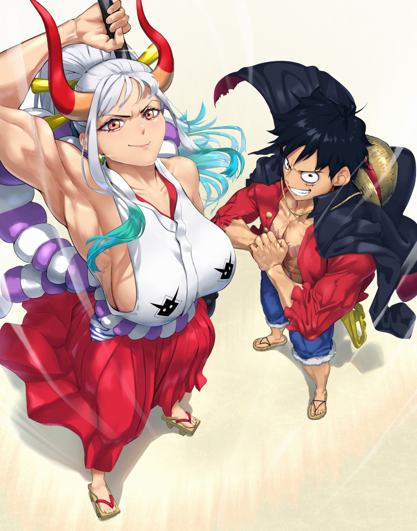 &gt;:) 1boy 1girl abs absurdres arm_up armpits bare_arms bare_shoulders black_hair blue_hair blue_shorts breasts burn_scar closed_mouth club_(weapon) coat coat_on_shoulders collarbone cracking_knuckles curled_horns fist_in_hand from_above full_body geta green_hair grin hair_ornament hair_stick hakama hat hat_on_back high_ponytail highres holding holding_weapon horns huge_breasts japanese_clothes kanabou kimono legs_apart long_hair looking_at_viewer looking_up monkey_d._luffy multicolored_hair multicolored_horns one_piece oni open_clothes open_shirt orange_eyes orange_horns own_hands_together pectorals qtime4_702 red_hakama red_horns red_shirt rope sandals scar scar_on_cheek scar_on_chest scar_on_face shimenawa shirt short_hair shorts sideboob sleeveless sleeveless_kimono smile standing stomach straw_hat toes toned toned_male v-shaped_eyebrows very_long_hair weapon white_hair wind yamato_(one_piece)