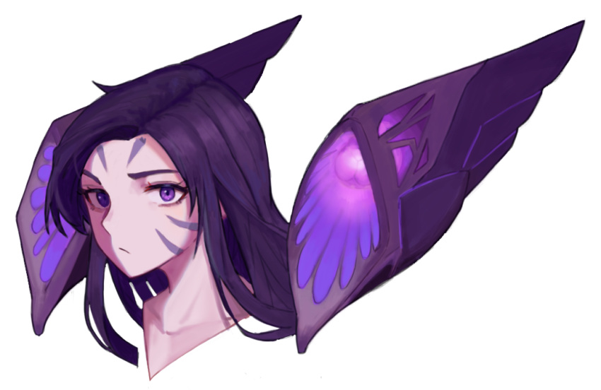 1girl closed_mouth collarbone face facial_mark floating floating_object floating_weapon forehead_mark kai'sa league_of_legends looking_at_viewer purple_eyes purple_hair simple_background solo suk180 upper_body weapon whisker_markings white_background